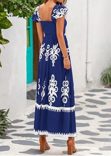 BTFBM Summer Dresses for Women 2026 Casual Floral Boho Sleeveless Square Neck A Line Flowy Beach Maxi Sundress Pockets(Dark Blue White Flower, XX-Large) - Thumbnail 3
