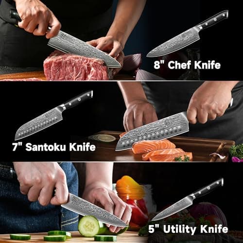 KEEMAKE Damascus Kitchen Knife Set, 3 PCS Japanese Knife Sets with Full Tang Ergonomic Handle, 67 Layers Damascus Chef Knives, Gift Box for Men Husband - Thumbnail 6