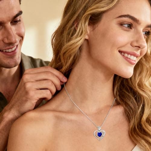 JACUPO Heart Birthstone Silver Necklace for Women(09 - Sapphire) - Thumbnail 3