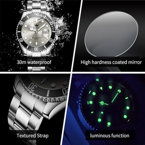 OLEVS Silver Luxury Men's Wrist Watches Analog with Day Date Grey Large Face Original Waterproof Stainless Steel Watches for Men Dress Quartz Watch - Thumbnail 6