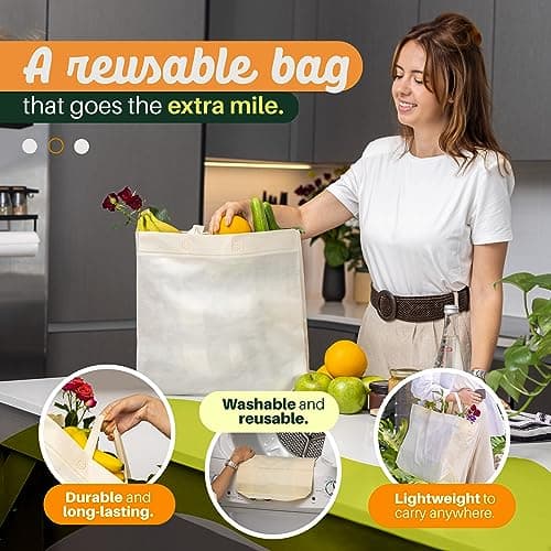 Simply Cool Reusable Grocery Bags Eco-Friendly - Large Reusable Shopping Bags, Heavy Duty Grocery Bags, 14.5"x14"x6.6" Foldable, Tote Bags Bulk (50 Pack, Cream) - Thumbnail 4