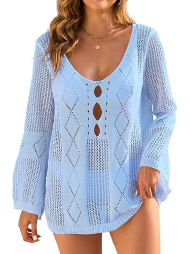 VIAURBE Womens Bathing Suit Coverups Sexy Scoop Neck Long Sleeve Knit Bikini Cover Ups for Women Beach Dresses Light Blue L