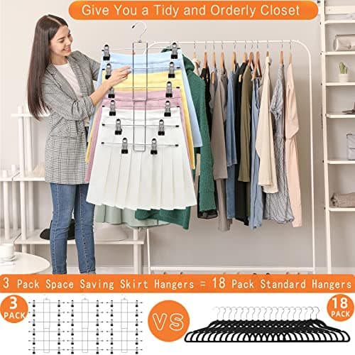 3 Pack Pants-Hangers-Space-Saving,6 Tier-Closet-Organizers-and-Storage Skirt Hangers with Clips,Closet-Organizer-Clothes-Organization-and-Storage Jeans Scarf Hangers,College-Dorm-Room-Essentials Decor - Thumbnail 3