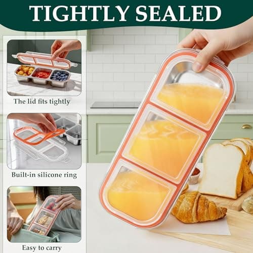 QCQHDU Snack Containers, Reusable Stainless Steel 3 Compartment Condiment Metal Bento Lunch Box with Lids, Divided Snack Food Storage Lunchable Containers for Home, Work, Travel, Camping, 5 Pack - Thumbnail 4