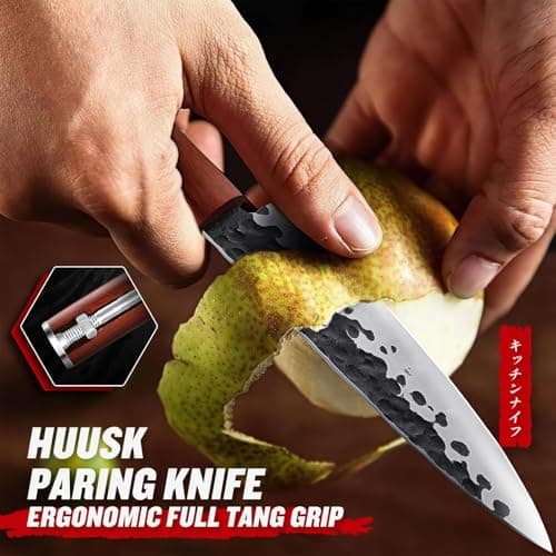 Huusk Japanese Paring Knife 5", Hand Forged Fruit Knife, High Carbon Steel Utility Kitchen Knives, Japanese Petty Chef Knives with Rosewood Handle, Small Peeling Knifes for Vegetable, Christmas Gifts - Thumbnail 5