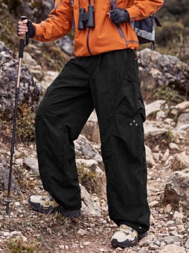 Areant Mens Baggy Hiking Cargo Pants Parachute Water Resistant Lightweight Wide Leg Pants Outdoor Climbing Trousers Black Large - Thumbnail 5