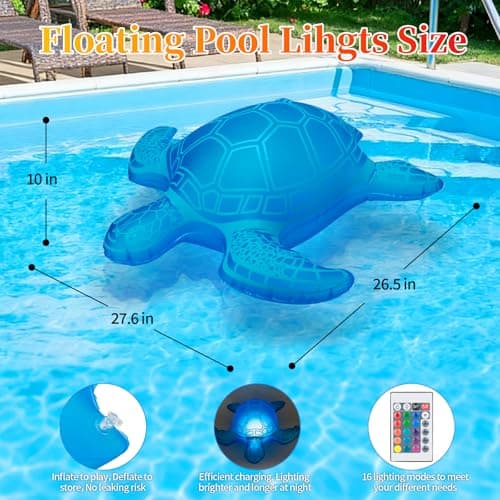 26.5inch Solar Pool Floats Lights,IP68 Waterproof Solar Powered Floating Pool Lights,16RGB Colors Turtle Inflatable Light Up Pool Float for Above Ground Pools,Outdoor Swimming Pool Decorations(1Pc) - Thumbnail 5