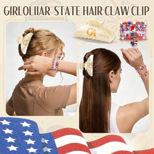 GIRLOLIIAR 4th of July Accessories for Women, Red White and Blue Outfit Bundle with Patriotic Hair Claw Clip, America Bracelets & USA Tattoos for 250th Anniversary Party Favors, Memorial Day Decor, CA - Thumbnail 5