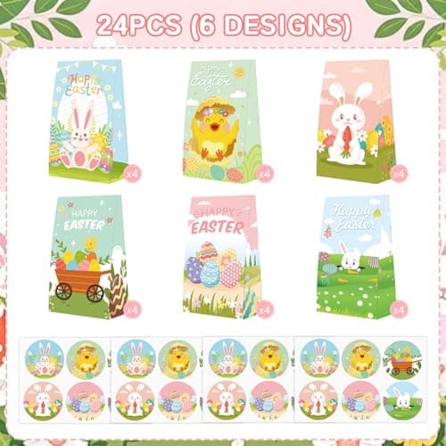 MKLTUHGDG Easter Treat Bag, 24 PCS Easter Gift Bags with Stickers, Party Favor Bags Bulk Egg Chick Bunny Carrot, Goodie Bag Party Supplies for Classrooms, Party Favors - Thumbnail 2