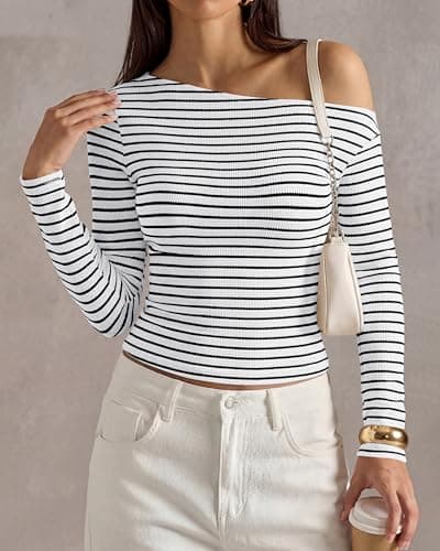 PRETTYGARDEN Womens Tops 2026 Fall Off The Shoulder Long Sleeve Shirts Striped Fitted Y2K T-Shirt Going Out Crop Top(Striped White Black,XX-Large) - Thumbnail 5
