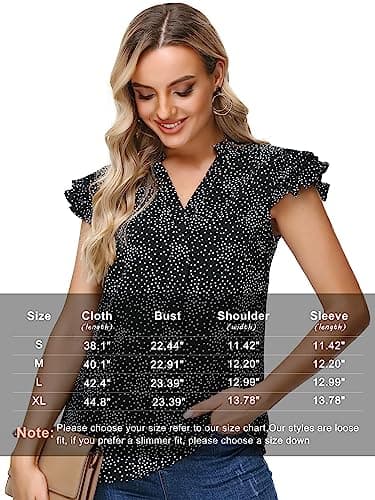 Sucolan Summer Tops for Women Sexy V Neck Shirts Cute Ruffle Sleeve Business Blouses Dressy Casual Polka Dots Black S - Thumbnail 6