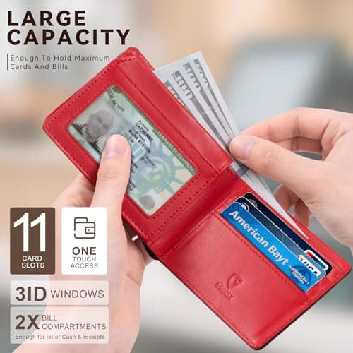 GSOIAX Premium Leather Wallet for Men-Handcrafted Vintage Bifold Wallet with 11 Card Slots,3 ID Windows & 2 Cash Pockets RFID Blocking wallet Gift ideas for Him(Carbon Black+Red) - Thumbnail 3