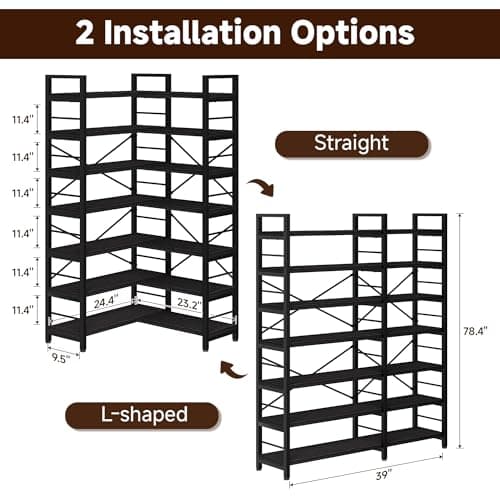 TEROL 7-Tier Corner Bookshelf, Reversible Wooden Shelves, Industrial Bookcase with Open Shelves and Sturdy Metal Frame, Display Shelf Storage Rack for Living Room, Bedroom, Home Office (Black) - Thumbnail 3