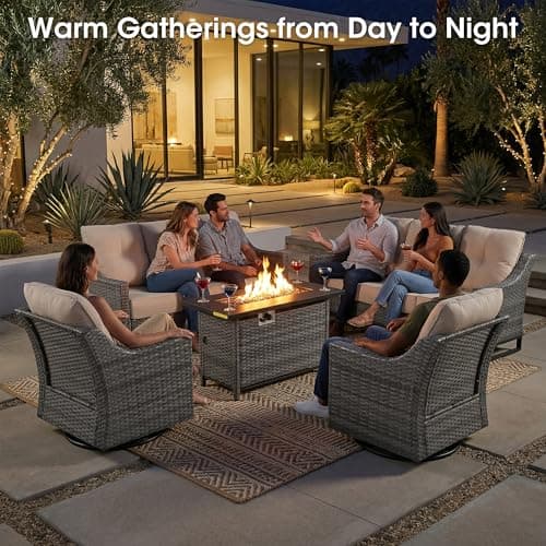 Domvaranique 6 Piece Patio Furniture Set with Fire Pit, Grey Wicker Outdoor Conversation Set with 2 Swivel Rocker Chairs, Sofa, 2 Ottomans and Rectangular 60,000 BTU Fire Pit Table for Porch, Deck - Thumbnail 3