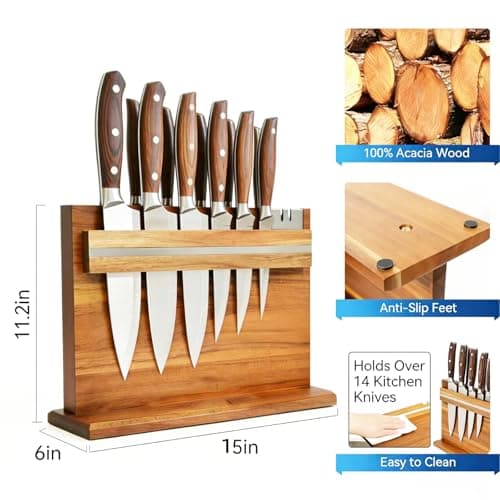 Large Magnetic Knife Holder - 14.5 x 11" Double-Sided Acacia Wood Block with Built-in Sharpener, Holds 14+ Knives, Premium Kitchen Counter Organizer for Professional Chefs - Thumbnail 6