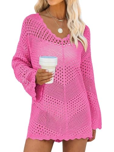 ANRABESS Swimsuit Cover Up for Women Crochet Bathing Suit Summer Swimwear V Neck Mesh Knit Dress 2026 Beach Vacation Clothes Medium Hot Pink - Image 1