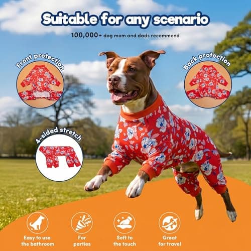 LovinPet Large Dogs PJS Sweatshirt, Anti Licking, UV Protections Dog Shirt, Stretchy Comfortable Skin-Friendly Fabric, Post Surgery Recovery Dog Pajamas, Red & Peach Floral Print, Onesies for Dogs,XL - Thumbnail 3