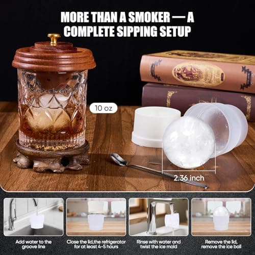 Whiskey Smoker Kit with Triple-Flame Torch, 18-Piece Cocktail Smoker Kit with 6 Wood Chips, 2 Heavy 10 oz Whiskey Glasses & 2 Ice Ball Molds, Old Fashioned Bourbon Gifts for Men Dad Father, No Butane - Thumbnail 5