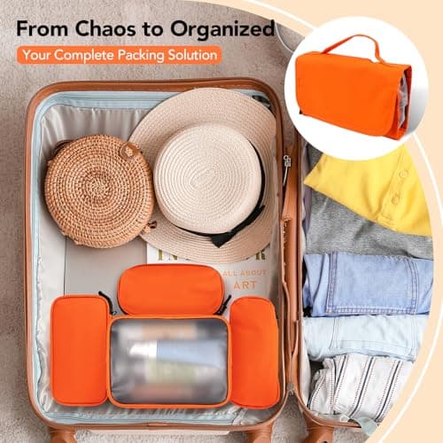 Idcymoul Travel Toiletry Bag 5-Piece Kit, Hanging Toiletries Bag+TSA Approved Cosmetic Bag+Jewelry Bag+ Brush Bag+Cable Bag, Professional Travel Essentials Accessories Organizer for Women - Orange - Thumbnail 2