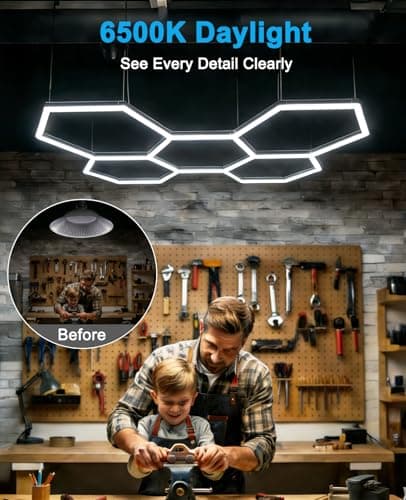 Hexagon led Lights: DIY Ceiling LED Gym Light Hexagon Garage Lights 16660LM Bigger Size for Basement Warehouse Workshop Barbershop Car Care Wash Room Auto Beauty Shop Exhibition Hall 3 Grids 6500K - Thumbnail 3