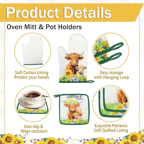 Vetoxka 8 PCS Highland Cow Kitchen Decor and Accessories - 4 Dish Towels Set 2 Oven Mitts and Pot Holders Sets for Cooking Baking Home Sweet Home Sunflower Cattle Watercolor Farmhome Housewarming Gift - Thumbnail 6