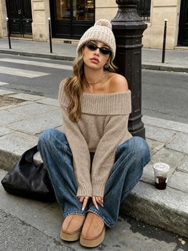 ATHMILE Winter Outfits for Womens Off The Shoulder Sweaters Oversized Batwing Sleeve Loose Pullover Fall Tops 2026 Khaki - Thumbnail 3
