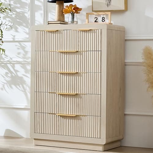 YANSNWO Fluted Dresser with 6 Drawers, 44.4" Tall Modern Chest of Drawers with Thickened Curved Profile Design, Wooden Dresser Organizer for Bedroom, Living Room, Hallway, White Alder - Image 1