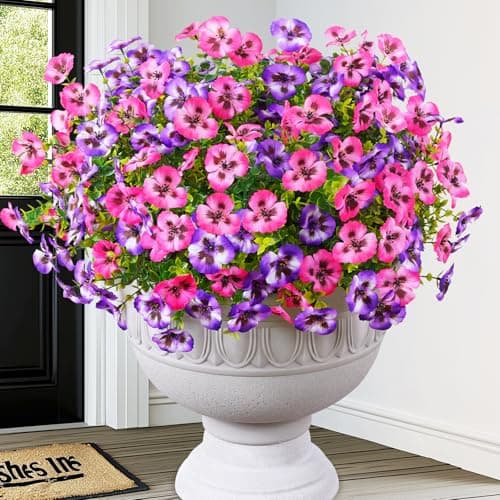 MARTINE MALL 18 Bundles Look Real Artificial Flowers for Outdoors, Realistic Fake Outdoor Flowers, UV Resistant Silk Pansy Flowers for Outside Faux Flowers Plants for Outdoor Porch Patio, Pink+Purple