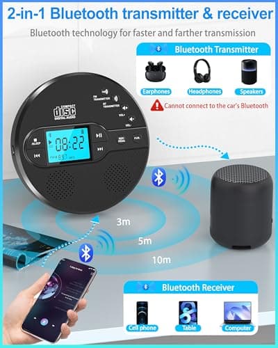 Sunoony Portable CD Player with Bluetooth, Personal CD Player for Car with FM Transmitter, Rechargeable CD Player Portable with Anti-Skip Protection, Headphones, AUX/USB Supported, LCD Display(Black) - Thumbnail 4