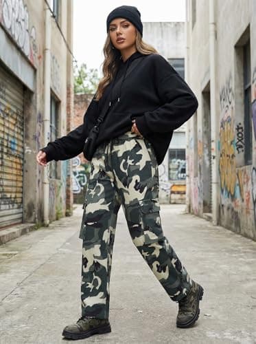 Men's Camo Drawstring Waist Cargo Pants Camouflage Cargo Work Pants - Thumbnail 4