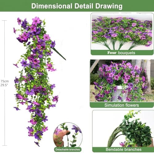 Obmnor Artificial Hanging Flowers for Outdoors, 4 Pack Fake Hanging Plant for Spring Summer Decor, UV Resistant Faux Silk Flower for Planter Front Door Porch Patio Yard Garden (Double Purple) - Thumbnail 3