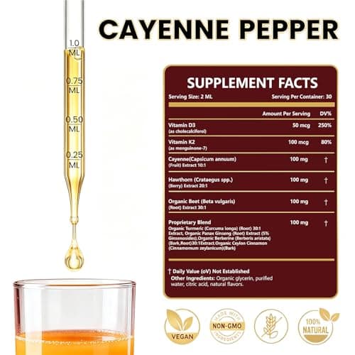 Cayenne Pepper Drops Supplement Liquid with Hawthorn Berry, Vitamin D3 K2, Turmeric Curcumin, Beet Root, Ceylon Cinnamon Vegan- Friendly - 60ml - Thumbnail 6
