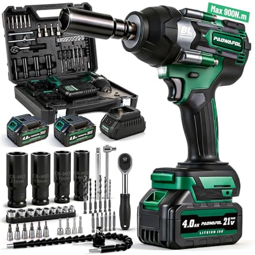 PAOWAFOL 2026 Upgrade Impact Wrench 665 Ft-lbs(900N.m) 2200IPM, 1/2 Impact Gun with 21V 2x4.0AH Battery, Cordless Impact Driver 22 Drill Bits & 4 Sockets, Pistola De Impacto for Home Car Tire Lug Nut