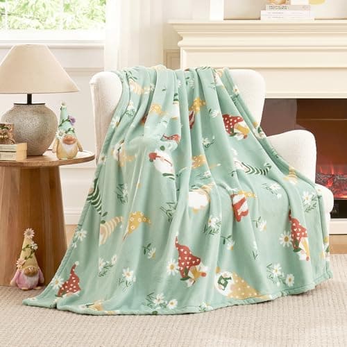 Cozy Bliss Gnome Spring Throw Blanket - Garden Daisy Floral Design, Warm MilkyPlush Throw Blankets, Ultra Soft Cozy Blankets for Couch, Sofa and Bed, Green, 50X60inches - Image 1