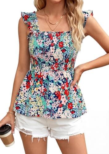 NALANISA Women's Summer Boho Cute Tank Tops 2026 Casual Square Neck Smocked Ruffle Sleeveless Babydoll Shirts Floral Blouses (Navy Flower,XXL) - Thumbnail 3