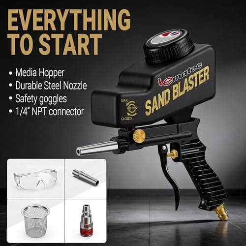 LE LEMATEC Portable Sand Blaster Gun Kit | Gravity Feed Air Tool for Rust Removal, Glass Etching & Paint Stripping | Requires 4 CFM @ 90 PSI Air Compressor - Sandblasting Steel Nozzle - Thumbnail 5