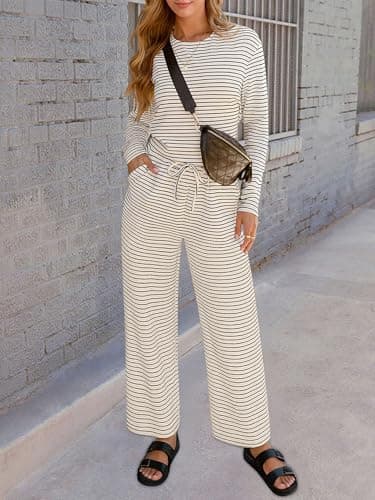 Lazysmile Lounge Sets For Women Casual Striped 2 Piece Outfits Long Sleeve Tops and Wide Leg Pants Loungewear Pajama Set - Thumbnail 3