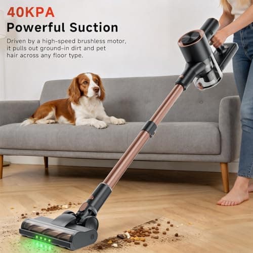 Shieal Cordless Stick Vacuum Cleaner - Rechargeable,40Kpa Powerful Suction Vacuum for Home,45Mins Runtime,Detachable Battery,Anti-Tangle, 8 in 1 Lightweight Vacuum for Pet Hair Carpet Hardwood,Rose - Thumbnail 2