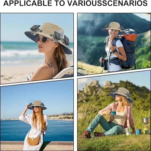 Outdoor Wide Brim Sun Hat with 2 Solar Powered Fan, Bucket Hat for Men Women, Fishing, Gardening & Beach Hat for Men, USB Charging, UPF 50+ Khaki - Thumbnail 4