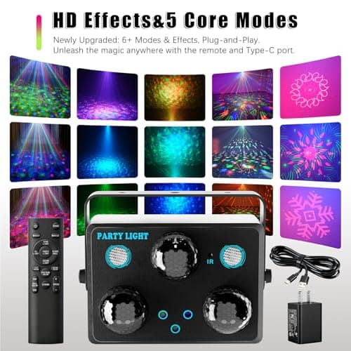 6-in-1 Disco Ball Party Lights with Sound Activation & Remote Control: Multi-Effect Lighting with Star Projector, Ocean Wave and LED Strobe for Home, Christmas, Birthday, Wedding, Bar and Club - Thumbnail 2