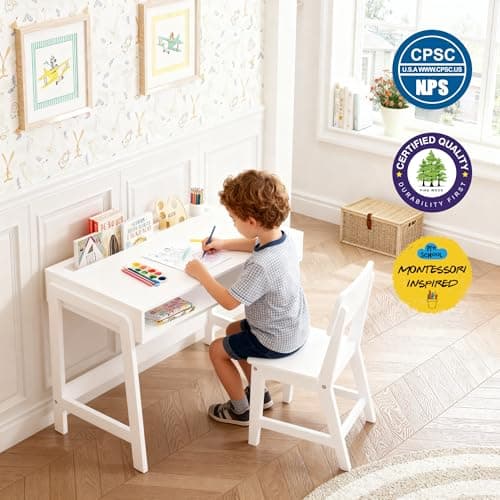 UTEX Kids Desk and Chair Set, Study Desk for Kids with Storage Bins, Wooden Children Study Table, Student Writing Desk for Bedroom & Study Room (1 Open & 1 Drawer) - Thumbnail 6
