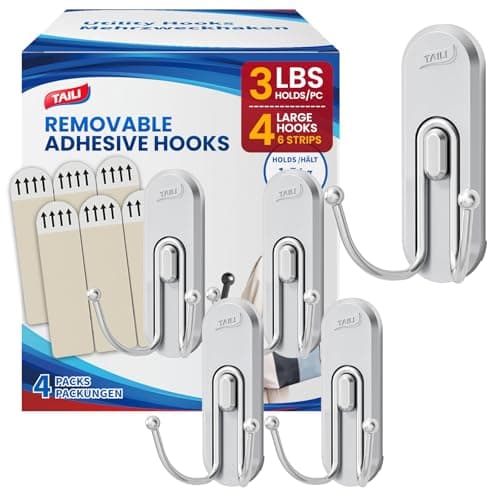 TAILI Adhesive Hooks for Hanging, 4 Coat Hooks & 6 Strips, Heavy Duty No-Drill Removable Large Wall Hanger for Towel, Backpack, Hat, Door,Kitchen Home Decor, Decorative Key Holder - Silver - Image 1