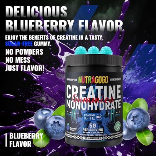 NUTRAGOGO NSF Certified Creatine Gummy - Creatine Monohydrate Gummies for Men & Women-5g of Creatine Monohydrate per Serving - Sugar Free,Vegan, Blueberry Electrolyte Chews, 135 Count - Thumbnail 6
