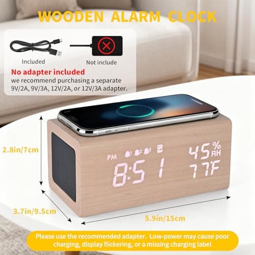 Wooden Digital Alarm Clocks,10W Wireless Charging with 3 Alarms, Dual 5W Stereo Bluetooth Speaker and Light Up with Sound, Adjustable Brightness Date Display Clock for Bedroom, Heavy Sleepers Adults - Thumbnail 2
