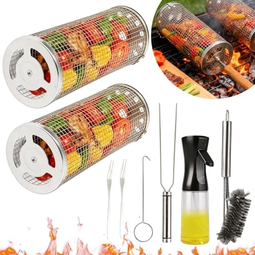 8-Piece BBQ Set,2 Rolling Grill Baskets for Effortless Flipping,Grilling Tools or Fish, Shrimp, Meat, Vegetables,Outdoor Camping Grilling Accessories Bundled with Oil Bottle, Forks,Cleaning Brush Ect - Thumbnail 2