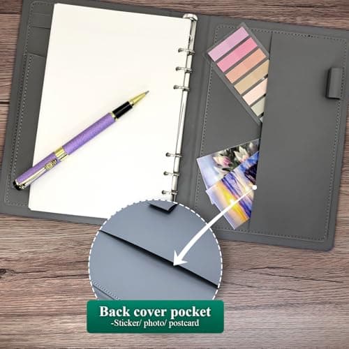 GLAM GROVE A5 Binder with 6 Ring – Lined Leather Journal Notebook, Refillable Hardcover with Pen Loop, 160 Pages 100G Thick Paper for Work, Travel & School Writing (Purple) - Thumbnail 5