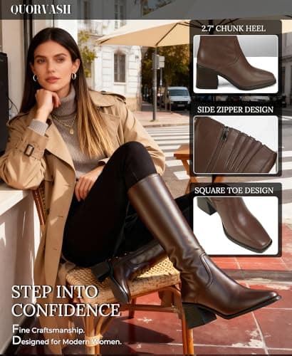 Quorvash Knee High Boots Women - Long Elastic Faux Leather Boots Tall Square Toe Chunky Block High Heel Shoes with Side Zipper Brown 7 - Thumbnail 5