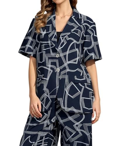 Women's Casual Short Sleeve Navy Blue Summer Collar Lapel V Neck Button Down Graphic Abstract Geometric Line Print Blazer Coat Regular Fit Business Work Vocation Office Outwear Jacket - Image 1