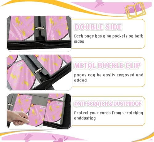 Trading Card Binder 9 Pocket,Card Binder 900 Pockets,Card Book Holder Cards with 50 Removable Sleeves,3-Ring Zip Design MTG/TCG/Sport Collectible Trading Card Albums Gifts for Boys and Girls (Pink) - Thumbnail 5