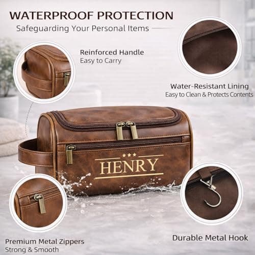 Xpanrous Personalized Toiletry Bag for Men, Engraved Name Initials Toiletry Bag, Customized Monogram Travel Shaving Dopp Kit for Groomsmen, Gift for Christmas, Birthday, Dad, Husband (Dark Coffee) - Thumbnail 2